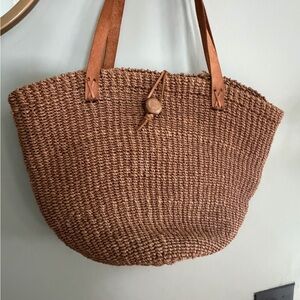 VTG 80s Handwoven Sisal Jute and Leather Market Bag